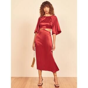 NWT Reformation Noemi Silk Bell Sleeve Cut Out Midi Dress in Crimson Size 0
